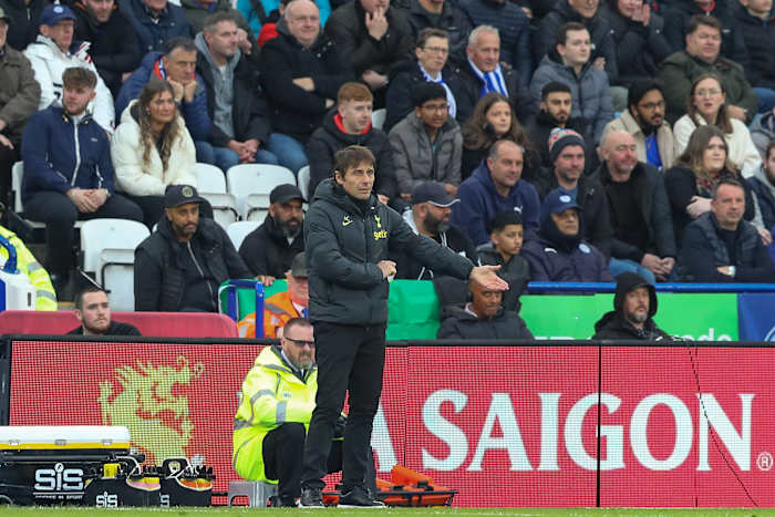 Tottenham manager Antonio Conte pictured during his team's 4-1 defeat at Leicester City in February 2023